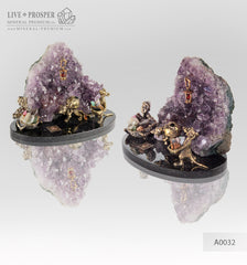 Bronze Dwarf with Miners mouse Figures at Amethyst mine on dolerite plate  Бронзовые Гном с шахтерами Мышами в шахте из Аметиста на пластине из долерита