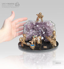Bronze dwarf miners with a donkey figures at amethyst mine on dolerite plate  Бронзовые гномы шахтеры с осликом в шахте из аметиста на пластине из долерита