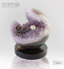 Bronze figure of Scorpion at Geode agate amethyst Sphere with Sea pearl