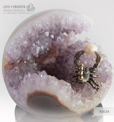 Bronze figure of Scorpion at Geode agate amethyst Sphere with Sea pearl