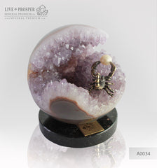 Bronze figure of Scorpion at Geode agate amethyst Sphere with Sea pearl
