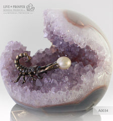 Bronze figure of Scorpion at Geode agate amethyst Sphere with Sea pearl