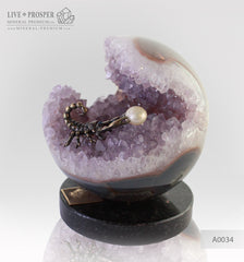 Bronze figure of Scorpion at Geode agate amethyst Sphere with Sea pearl
