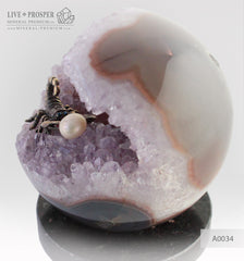 Bronze figure of Scorpion at Geode agate amethyst Sphere with Sea pearl