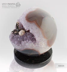 Bronze figure of Scorpion at Geode agate amethyst Sphere with Sea pearl