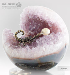 Bronze figure of Scorpion at Geode agate amethyst Sphere with Sea pearl