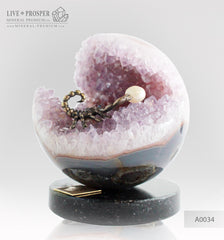 Bronze figure of Scorpion at Geode agate amethyst Sphere with Sea pearl