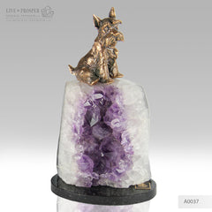 Bronze Terrier Figure on Amethyst on Dolerite plate