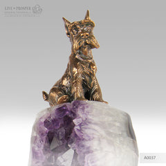 Bronze Terrier Figure on Amethyst on Dolerite plate
