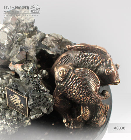 Bronze figures of goldfish couple with pyrite on dolerite plate