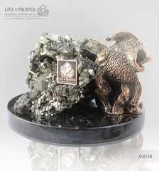 Bronze figures of goldfish couple with pyrite on dolerite plate  Бронзовые фигурки "золотых" рыбок с пиритом на пластине из долерита 