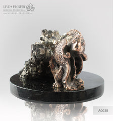 Bronze figures of goldfish couple with pyrite on dolerite plate  Бронзовые фигурки "золотых" рыбок с пиритом на пластине из долерита 