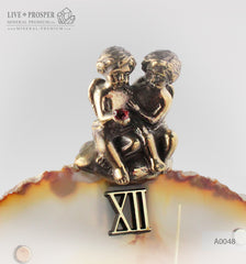 Сlock with Bronze angels Figures with Garnet heart on Agate plate
