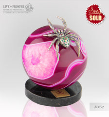 Silver Figure of Tarantula with Demantoids on Agate sphere and a Dolerite plate