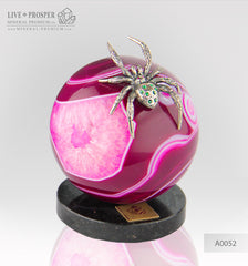 Silver Figure of Tarantula with Demantoids on Agate sphere and a Dolerite plate
