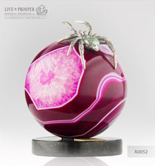Silver Figure of Tarantula with Demantoids on Agate sphere and a Dolerite plate