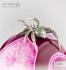 Silver Figure of Tarantula with Demantoids on Agate sphere and a Dolerite plate