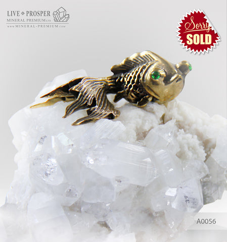 Bronze Goldfish figure with Demantoid eyes and Apophyllite on a Dolerite plate
