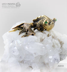 Bronze Goldfish figure with Demantoid eyes and Apophyllite on a Dolerite plate
