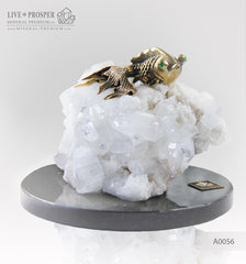 Bronze Goldfish figure with Demantoid eyes and Apophyllite on a Dolerite plate