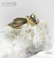 Bronze Goldfish figure with Demantoid eyes and Apophyllite on a Dolerite plate
