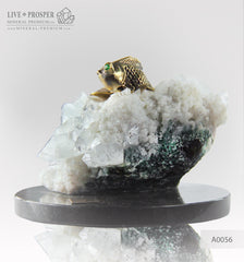 Bronze Goldfish figure with Demantoid eyes and Apophyllite on a Dolerite plate