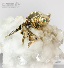 Bronze Goldfish figure with Demantoid eyes and Apophyllite on a Dolerite plate