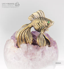  Bronze figure of goldfish with demontoids eyes  on amethyst agate geodes sphere on a  dolerite plate 