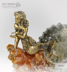 Bronze Mermaid figure with sea pearl with ammonite on a dolerite plate