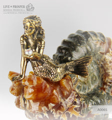 Bronze Mermaid figure with sea pearl with ammonite on a dolerite plate