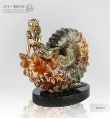 Bronze Mermaid figure with sea pearl with ammonite on a dolerite plate