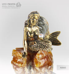 Bronze Mermaid figure with sea pearl with ammonite on a dolerite plate