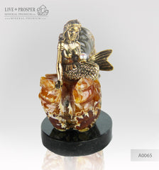 Bronze Mermaid figure with sea pearl with ammonite on a dolerite plate