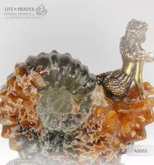 Bronze Mermaid figure with sea pearl with ammonite on a dolerite plate