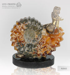 Bronze Mermaid figure with sea pearl with ammonite on a dolerite plate