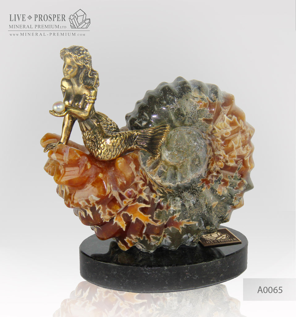 Bronze Mermaid figure with sea pearl with ammonite on a dolerite plate