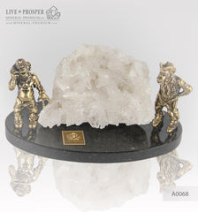 Bronze figures of Two monkeys with Quartz on Dolerite plate