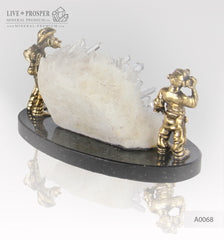 Bronze figures of Two monkeys with Quartz on Dolerite plate