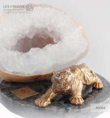 Bronze Figure of Tiger with Demantoid eyes with Geode agate Druz
