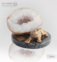 Bronze Figure of Tiger with Demantoid eyes with Geode agate Druz