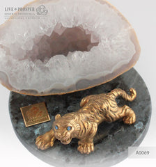 Bronze Figure of Tiger with Demantoid eyes with Geode agate Druz