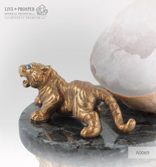 Bronze Figure of Tiger with Demantoid eyes with Geode agate Druz