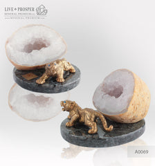 Bronze Figure of Tiger with Demantoid eyes with Geode agate Druz