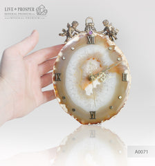 Сlock with bronze angels figures with amethyst insert on a agate plate  Часы с бронзовыми ангелами со вставкой из аметиста на пластине из агата 