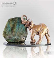 Bronze Elephant figure with Labradorite on a Dolerite plate