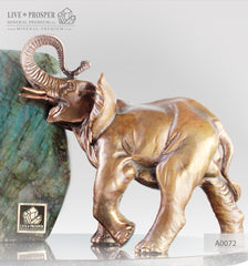 Bronze Elephant figure with Labradorite on a Dolerite plate
