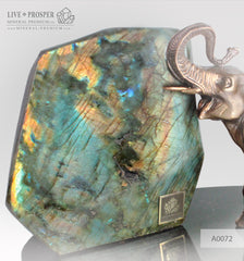 Bronze Elephant figure with Labradorite on a Dolerite plate