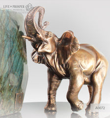 Bronze Elephant figure with Labradorite on a Dolerite plate
