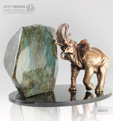 Bronze Elephant figure with Labradorite on a Dolerite plate