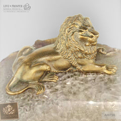 Bronze figure of lion with demantoids inserts on agate plate A0073A